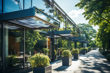 Building with solar windows or transparent solar panels as windows