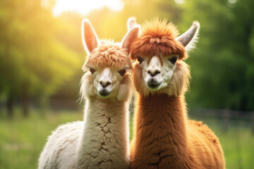 A pair of llamas in love close up