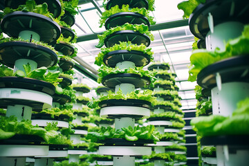 Inside of Greenhouse Hydroponic Vertical Farm Eco system with rows of seedlings of various sorts of garden vegetables growing on shelves ready for harvest