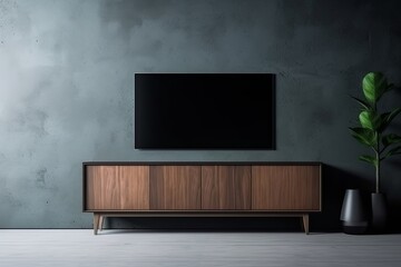 Television put on tv stand wood table, in minimal empty space luxury room background Generative AI