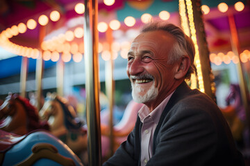 Fototapeta na wymiar happy retired senior man at fairground enjoying retirement reliving youth