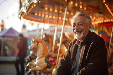 happy retired senior man at fairground enjoying retirement reliving youth