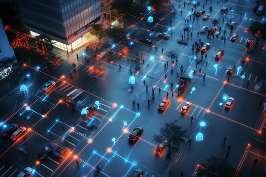 The evening city is highlighted with red and blue lines. The concept of total control by artificial intelligence over the movement of vehicles and people