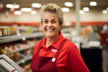 Obraz premium happy mature female supermarket store worker