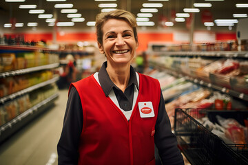 happy mature female supermarket store worker