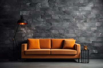 Contemporary Interior Elegance: Dark Grey Stone Wall Backdrop and Orange Sofa Still Life
