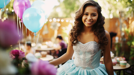 Naklejka premium Happy 15 year old girl celebrating her Quinceanera