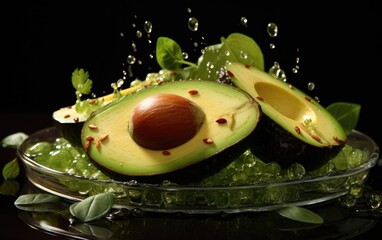 Avocado in a contemporary and abstract presentation set on a lively green background, emphasizing the healthful aspects and diet-friendly nature of this fruit.