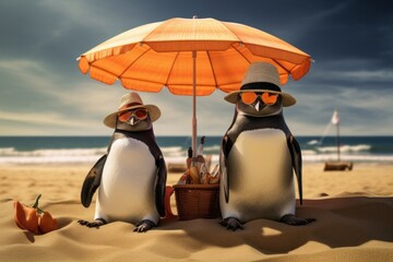 Sunny Escapade: Penguins Enjoying a Beach Holiday
 - Powered by Adobe