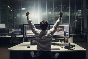 scientist celebrating success in an office space, monitors with data in the background