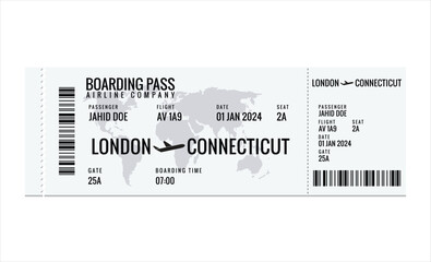 Realistic airline ticket design with passenger name. Vector illustration on white background. - obrazy, fototapety, plakaty