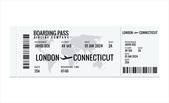 Realistic airline ticket design with passenger name. Vector illustration on white background.