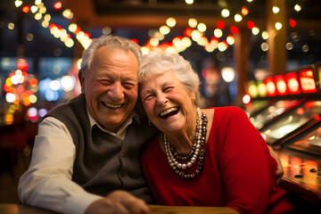 Obraz premium happy retired senior couple at the casino enjoying retirement