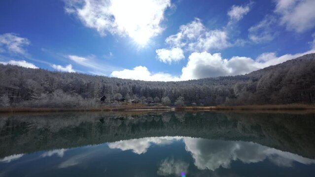 日本の長野県、聖高原の池に映る霧氷の雪景色。