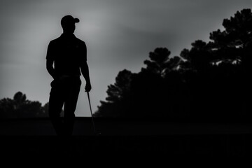 Black and white silhouette of professional golf player on the golf course