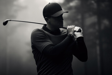 Black and white image of professional golf player on the golf course