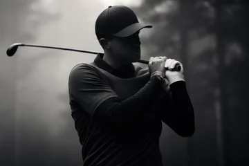 Poster Black and white image of professional golf player on the golf course © Maris