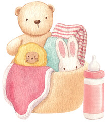 Newborn Baby Girl gift. Watercolor hand drawn illustrations with pink elements for baby shower isolated on white background.