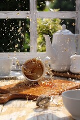 stilllife photography, the glass flies and spills, releasing the contents inside