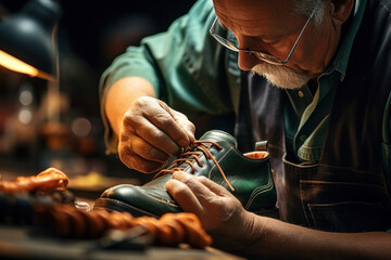 An elderly shoemaker at work in a workshop