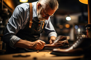 An elderly shoemaker at work in a workshop