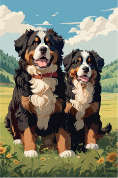 Bernese Mountain Dogs playing in the field on a sunny day