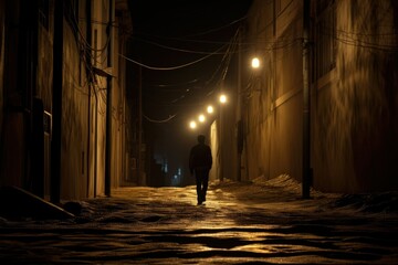 Nocturnal Stroll: A Gentleman Walking Beneath the Illumination of a Street Lamp on a Serene Night

