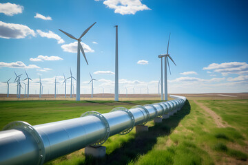 A hydrogen pipeline with wind turbines and in the background. Green hydrogen production concept - obrazy, fototapety, plakaty