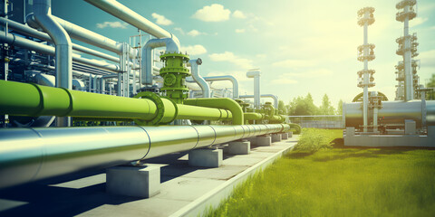 Green Hydrogen renewable energy production pipeline. Green hydrogen gas for clean electricity facility - obrazy, fototapety, plakaty