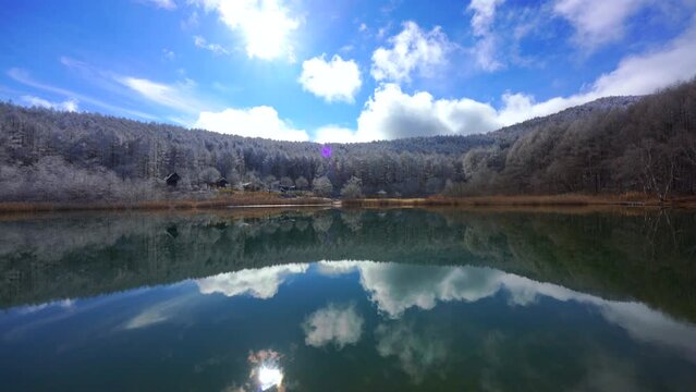 日本の長野県、聖高原の池に映る霧氷の雪景色。