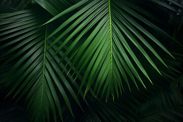 close-up of beautiful palm leaves in a wild tropical palm garden, dark green palm leaf texture concept full framed