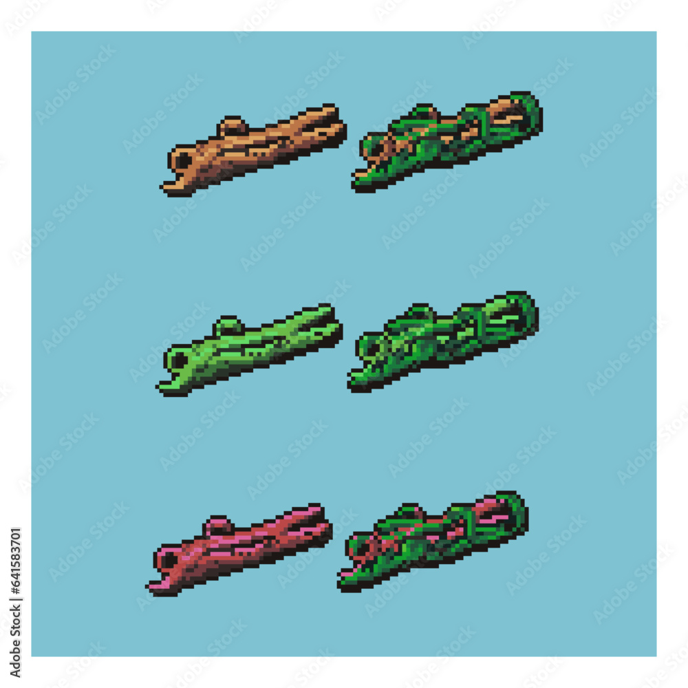 Poster pixel art sets of branch tree with variation color items asset. brown,red,and green branch tree on p