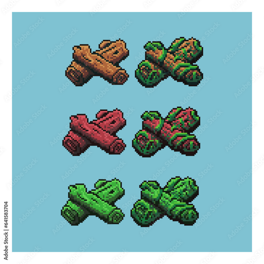 Poster pixel art sets of branch tree with variation color items asset. brown,red,and green branch tree on p
