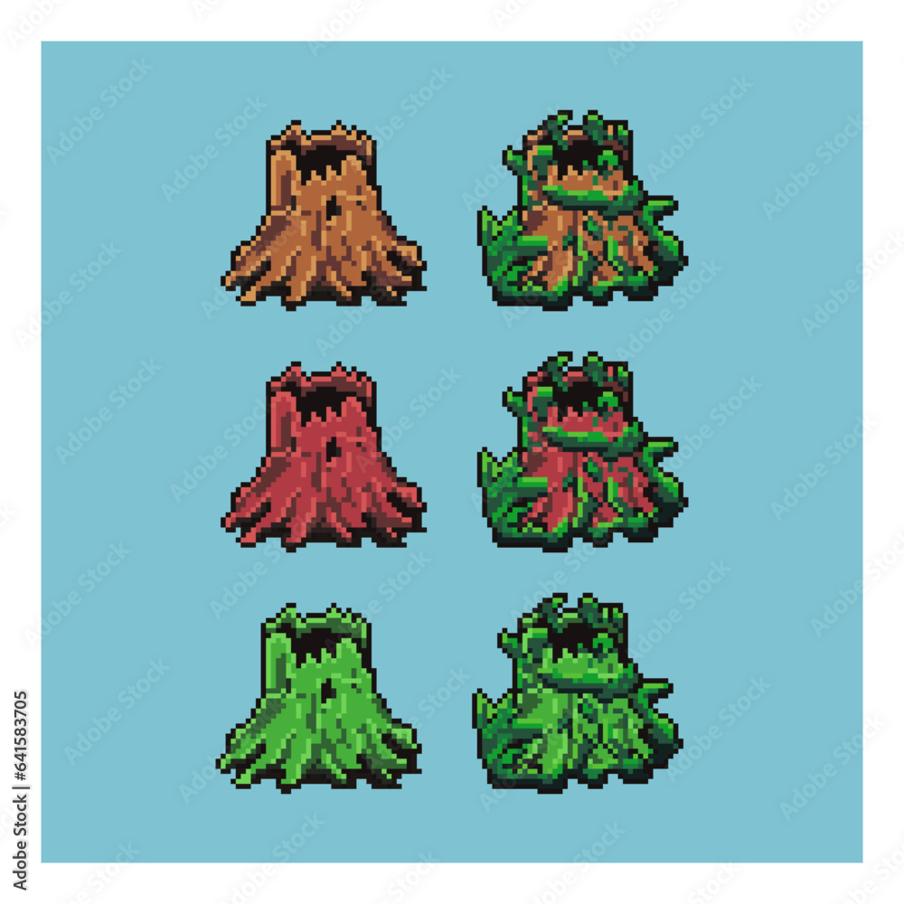 Poster pixel art sets of branch tree with variation color items asset. brown,red,and green branch tree on p