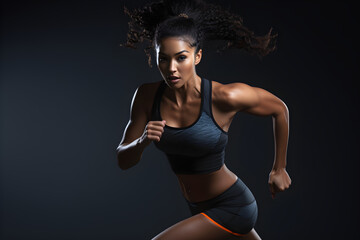 Fototapeta na wymiar Sportswoman running and doing strength training in a studio, plain colour background