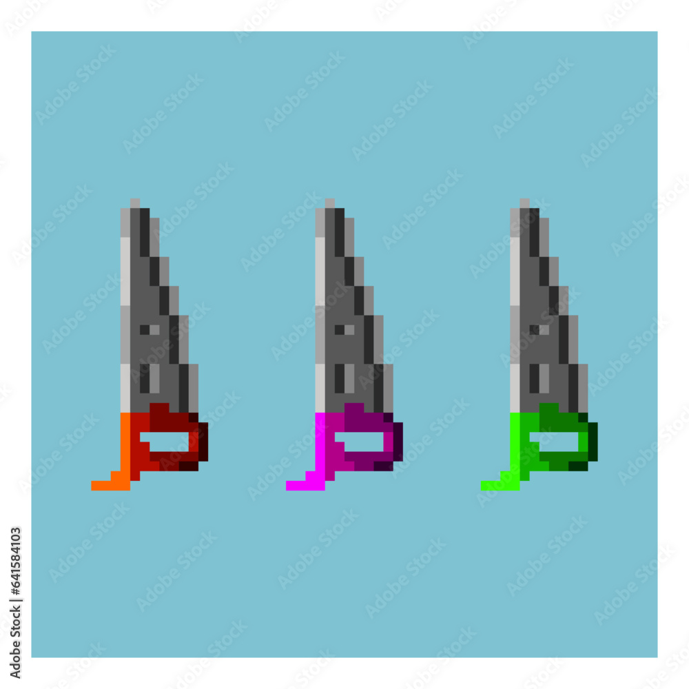 Poster pixel art sets of saw tools with variation color items asset. red,purple,and green saw for tools on 