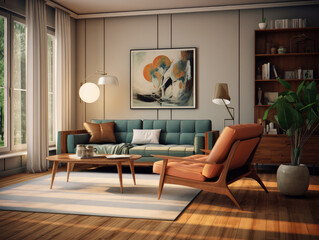 3d Mid Centrury Modern Living Room Interior