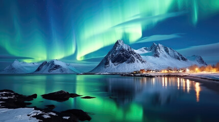 Naklejka premium Aurora borealis over the sea, snowy mountains and city lights at night. Northern lights in Lofoten islands, Norway. Starry sky with polar lights. Winter landscape with aurora, reflection, sandy beach