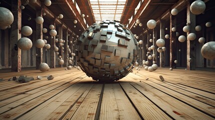 a large wooden floor with ball in the middle of it and many smaller balls bouncing