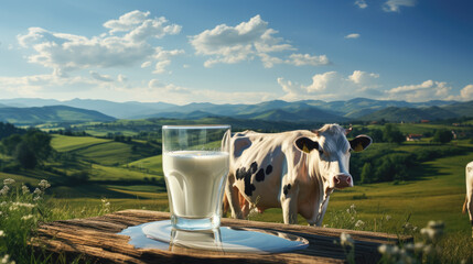 Fresh milk in glass on wooden table , Landscape with cows and green grass on the background , Created with Generative Ai Technology - obrazy, fototapety, plakaty