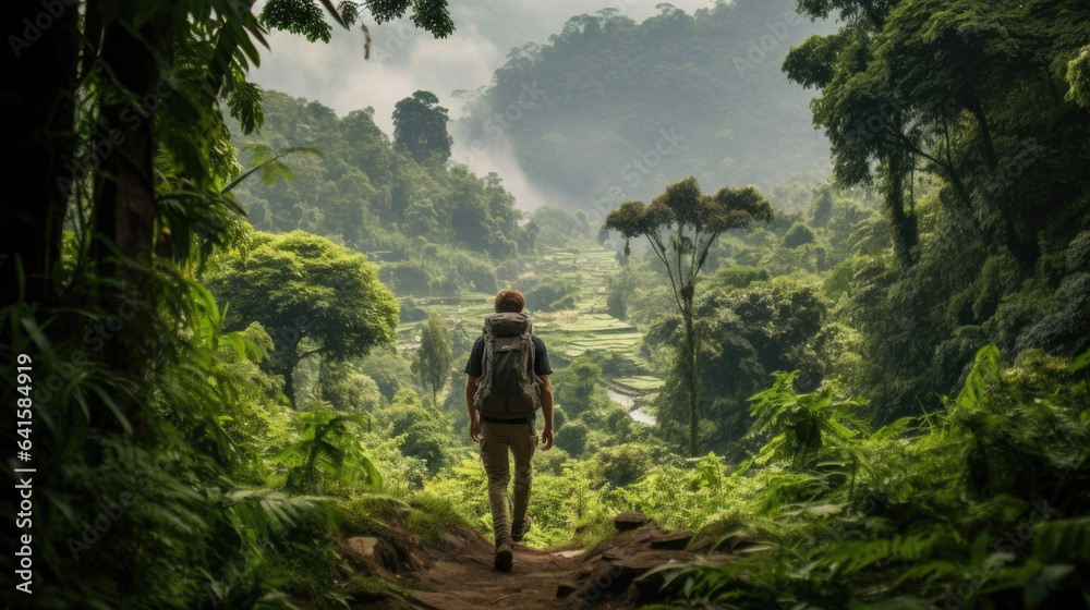 Wall mural Backpacker walking through the jungle of Nepal