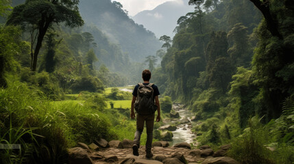 Fototapeta premium Backpacker walking through the jungle of Nepal