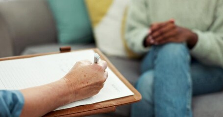 Counseling, mental health and hands of woman in therapy with psychologist, doctor or therapist writing notes on healthcare. Depressed, patient and psychiatrist with medical information and survey - Powered by Adobe