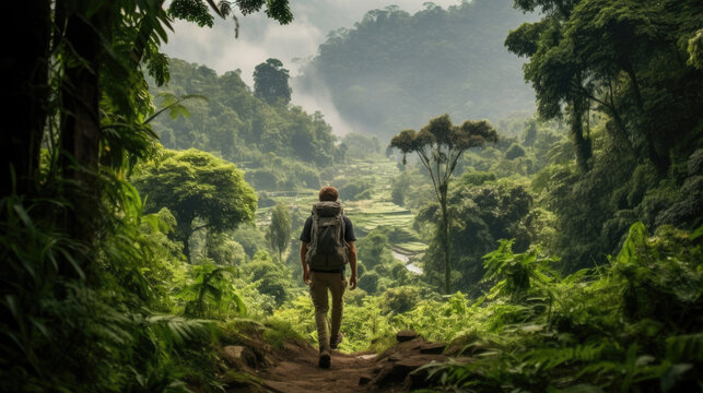 Fototapeta Backpacker walking through the jungle of Nepal
