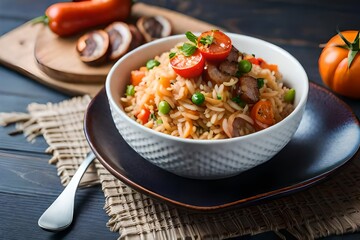 Photo sausage fried rice with tomatoes, carrots and shiitake mushrooms on the plate food photography