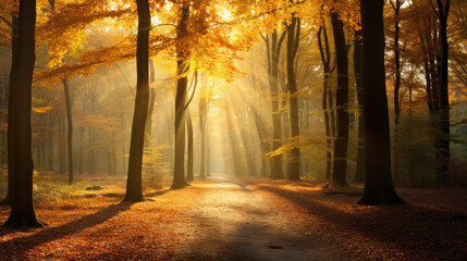 Panoramic Background Image of Beautiful Sunny Forest in Autumn with Sunbeams through Fog