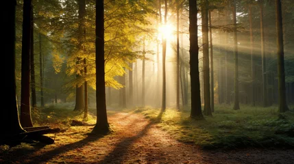 Fotobehang Panoramic Background Image of Beautiful Sunny Forest in Autumn with Sunbeams through Fog © Sasint