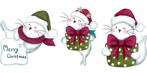 Set of happy baby seals with colorful christmas ornaments and santa hat.Christmas animals watercolor illustration.