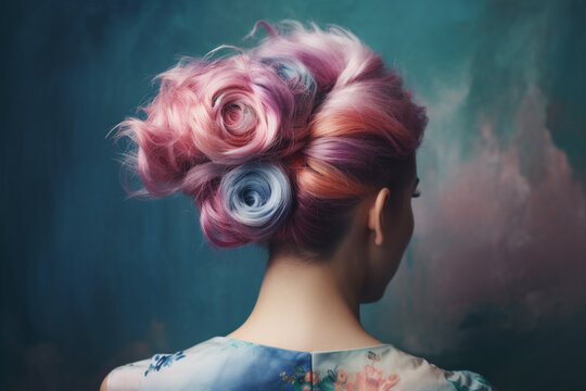 Multicolored pastel colored hair in elegant updo hairstyle. 
