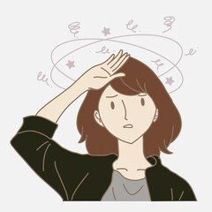 Unhealthy woman raising hand, touching head, having dizzy symptom, feeling vertigo. Hand drawn flat cartoon character vector illustration.